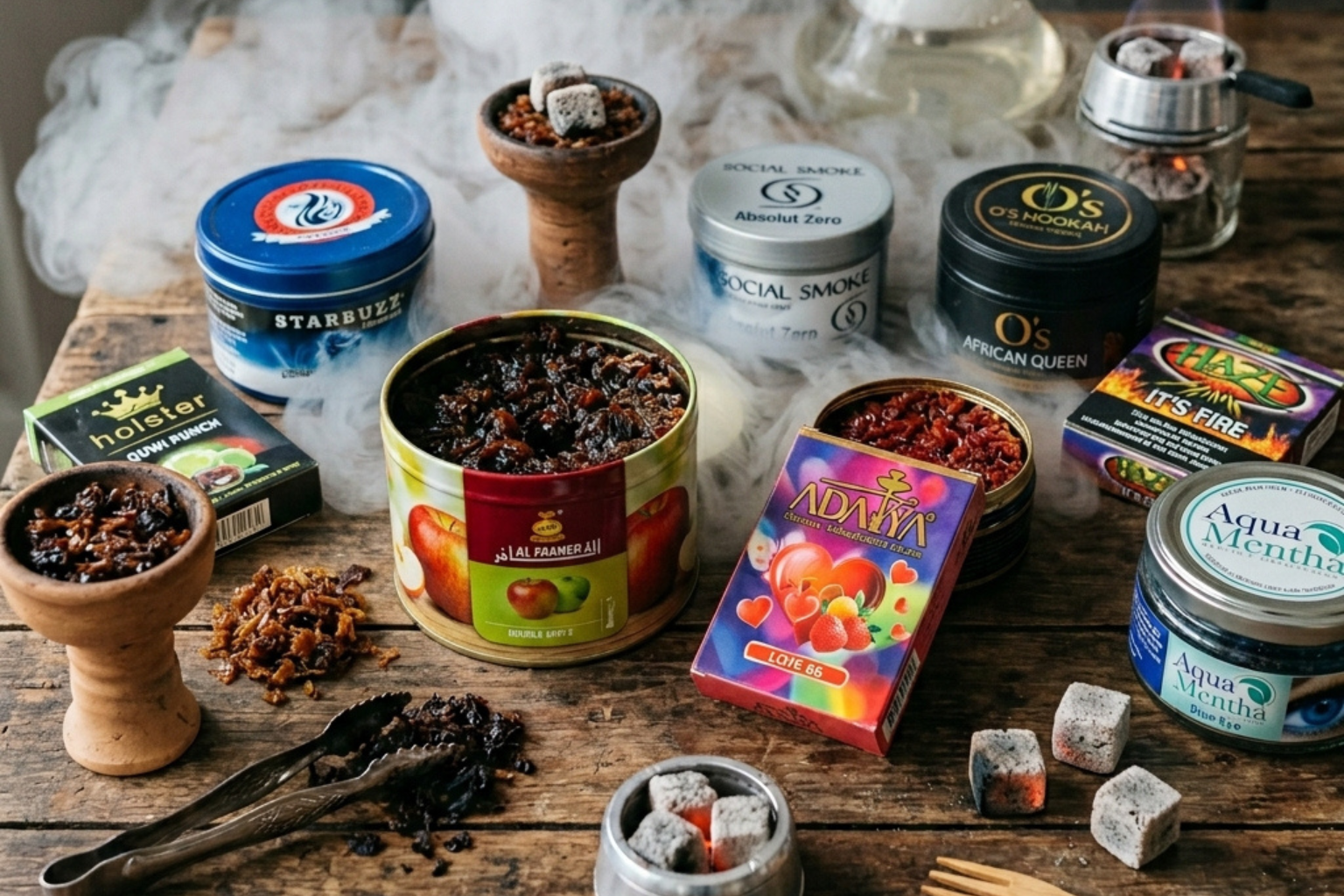 Flat-Lay: Verschiedene Shisha-Tabak-Sorten (Al Fakher Double Apple, Adalya Love 66, weitere) mit Rauchatmosphaere im Hintergrund