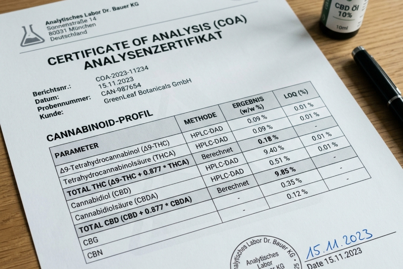 Nahaufnahme eines Analysezertifikats (CoA) mit sichtbaren Werten für CBD und THC – professionelles Dokument