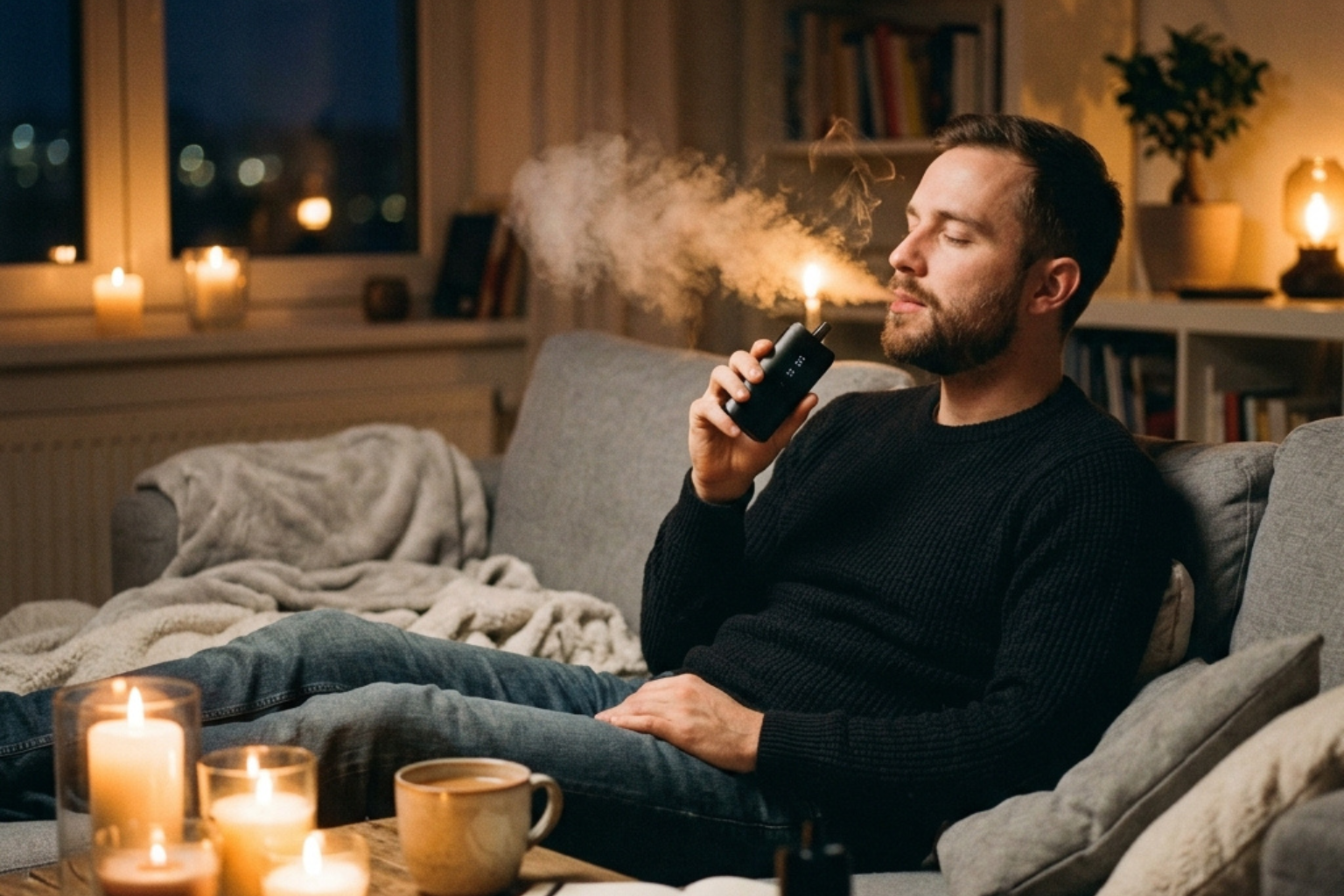 CBD-Oel-Flasche und ein Tisch-Vaporizer auf natuerlichem Holz-Hintergrund mit Gruenpflanzen – ruhiges, hochwertiges Setting