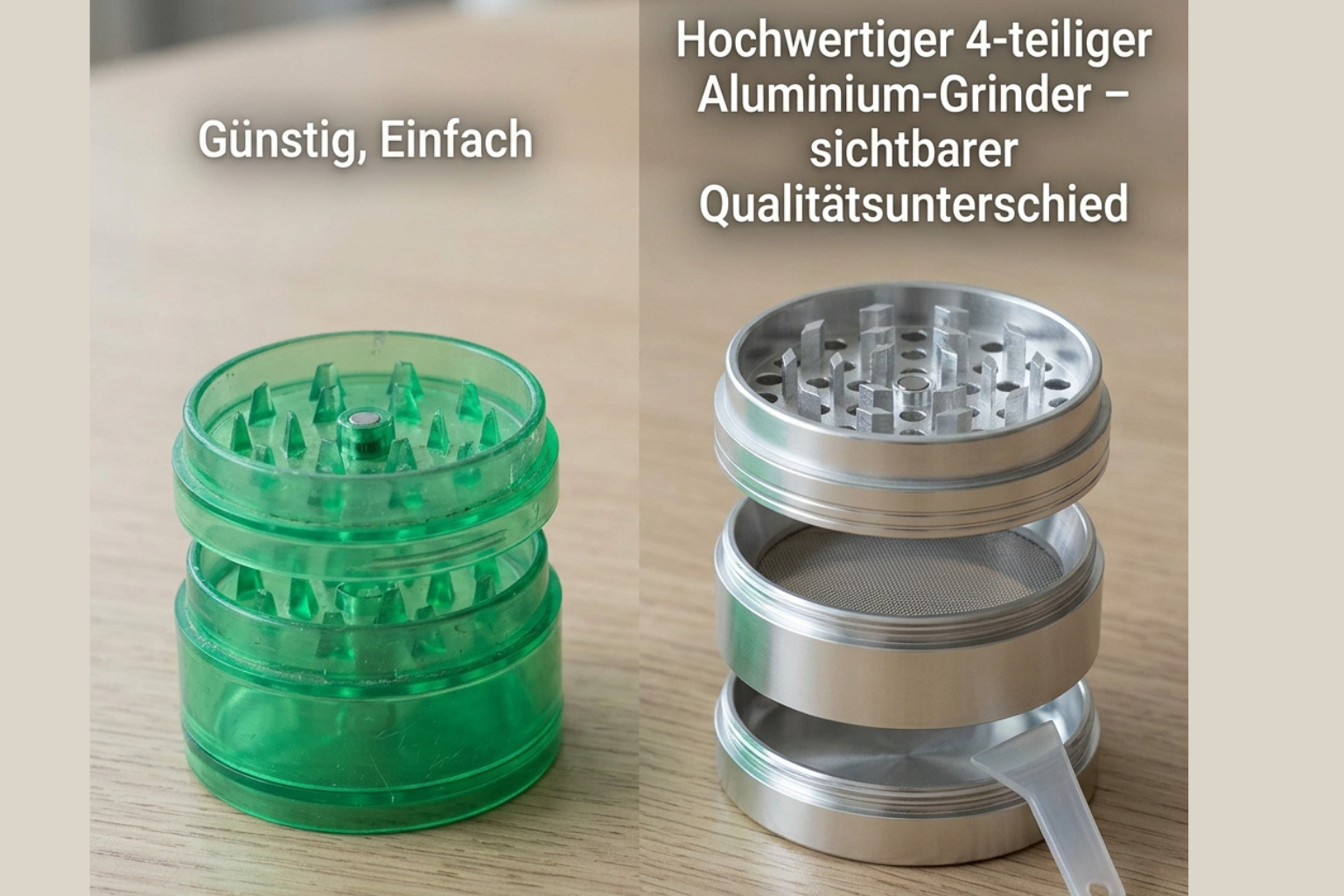Vergleich: Links Plastikgrinder (günstig, einfach), rechts hochwertiger 4-teiliger Aluminium-Grinder – sichtbarer Qualitätsunterschied