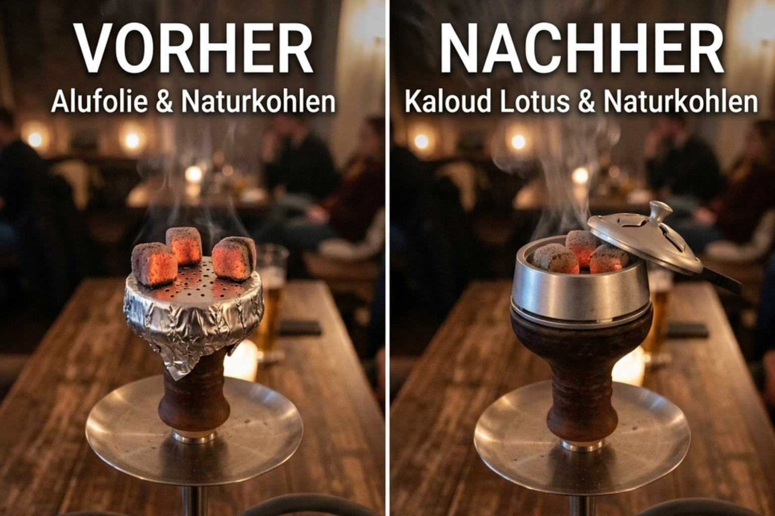 Vergleich: Links Shisha-Kopf mit Alufolie und Kohlen, rechts gleicher Kopf mit Kaloud Lotus – Vorher/Nachher
