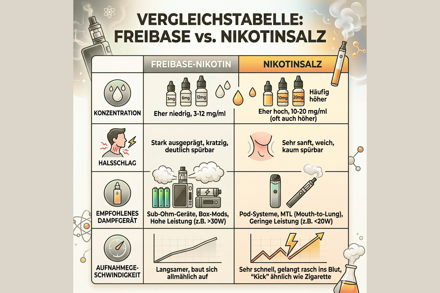 Grafik: Vergleichstabelle Freibase vs. Nikotinsalz (Konzentration, Halsschlag, Geraet, Aufnahmegeschwindigkeit) – einfache Tabelle oder Infografik